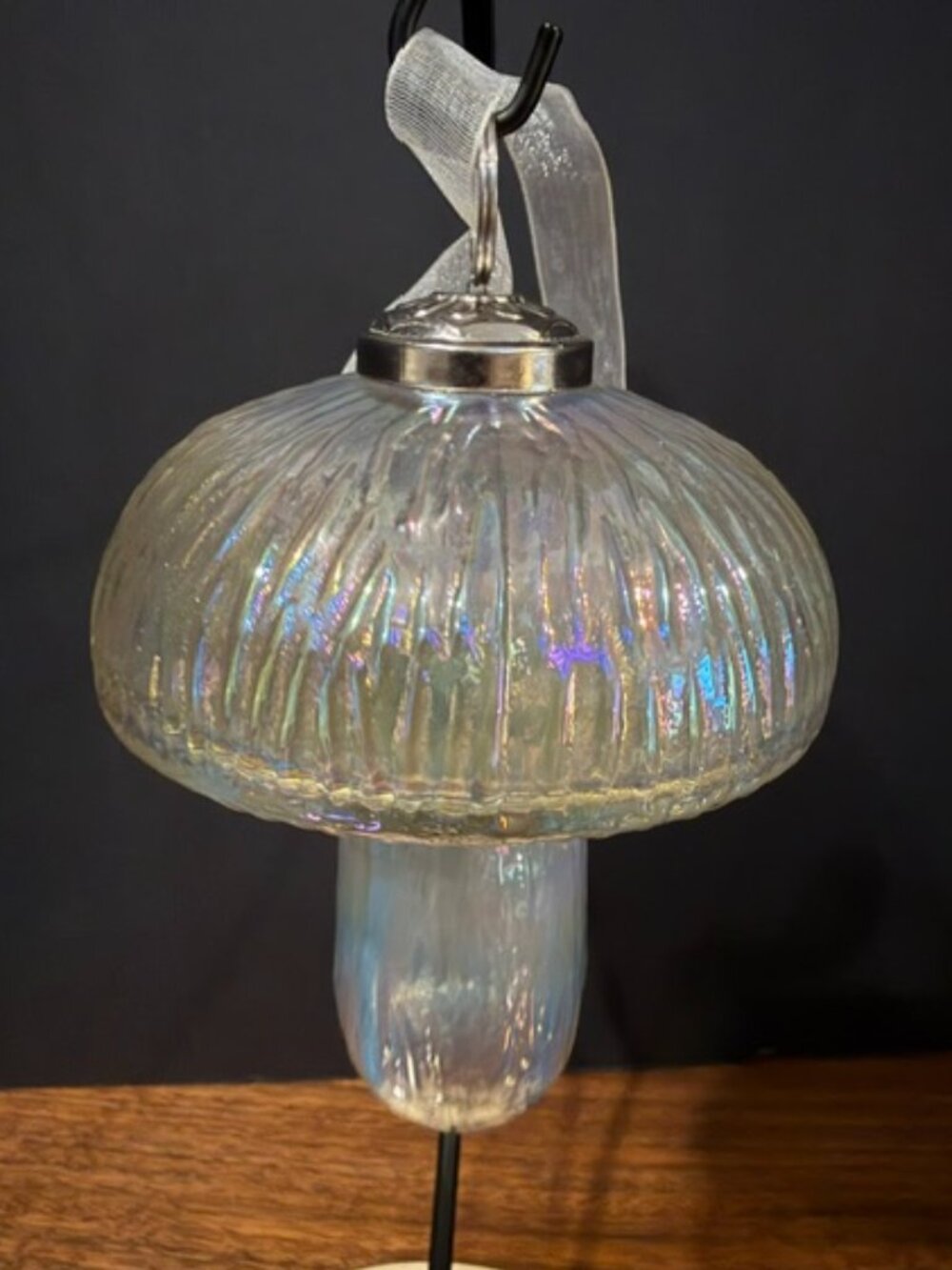 Glass Ribbed Iridescent 4" Mushroom Ornament - Picture 2 of 6